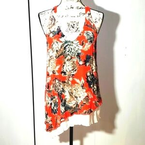 Karen Kane - Desert Gypsy boho Orange Floral Halter Tank Top Ruffle Sz.Small
